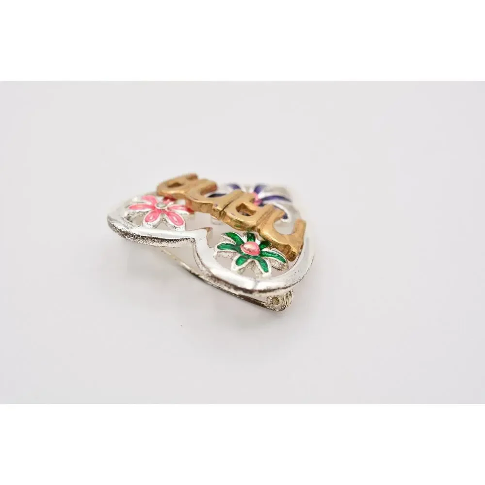 TC Vintage NANA Pin Brooch Floral Heart Grandma Grandmother Enamel Signed BinBA